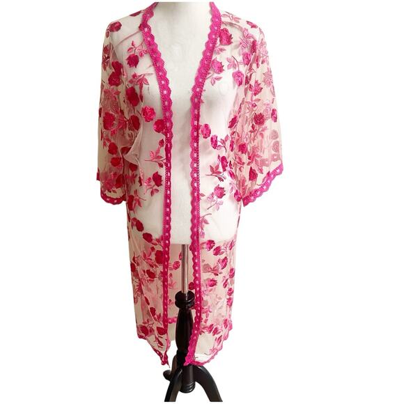 LulaRoe Embroidered Floral Longline Shirley Cardigan Sheer Size Medium Pink - Picture 1 of 13